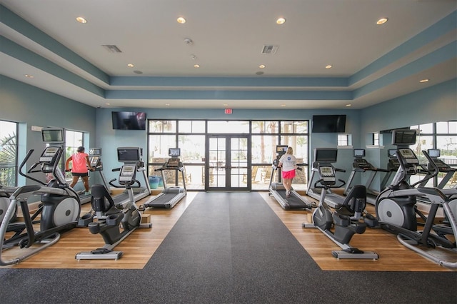 exercise room featuring french doors, a tray ceiling, and light hardwood / wood-style flooring