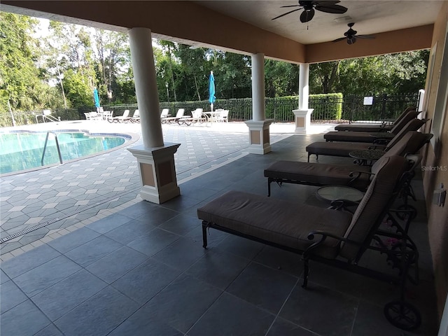 view of patio / terrace with ceiling fan and a community pool