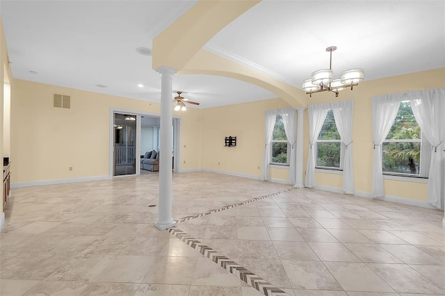 spare room with ceiling fan with notable chandelier and ornamental molding