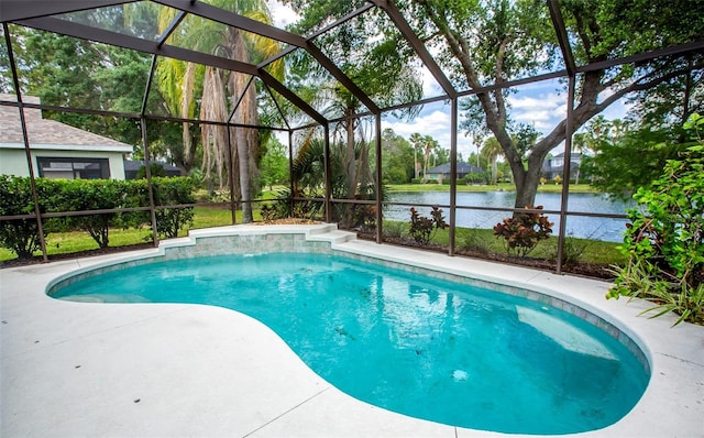 outdoor pool with a water view, a lanai, and a patio