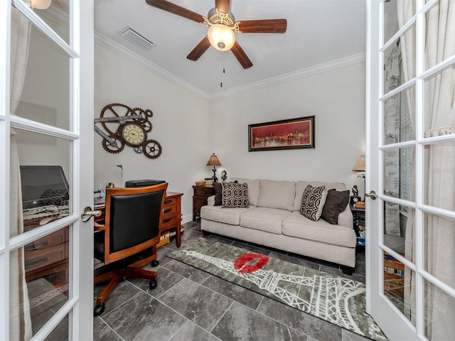 living room featuring ornamental molding, ceiling fan, and french doors