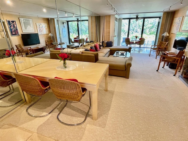 carpeted living room featuring floor to ceiling windows, a wealth of natural light, and ceiling fan