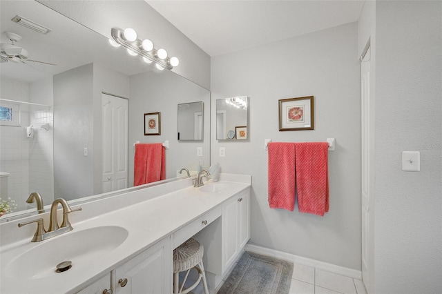 bathroom with dual bowl vanity, tile flooring, and ceiling fan