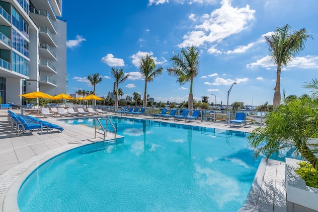 view of swimming pool featuring a patio