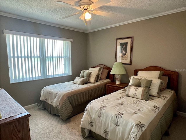 bedroom featuring ceiling fan, a textured ceiling, light carpet, and crown molding