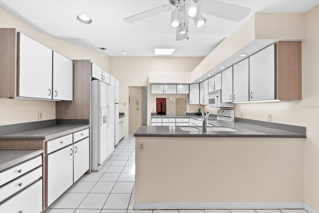 kitchen featuring kitchen peninsula, white cabinetry, and ceiling fan