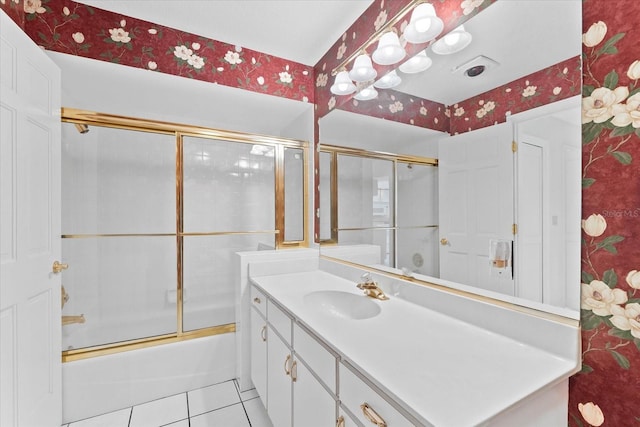 bathroom featuring enclosed tub / shower combo, tile floors, and large vanity