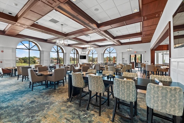 dining area featuring an inviting chandelier, dark colored carpet, coffered ceiling, and beamed ceiling