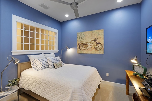 carpeted bedroom featuring ceiling fan