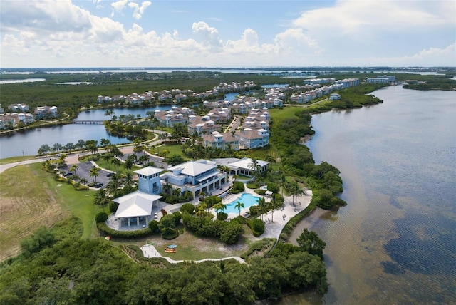 aerial view featuring a water view