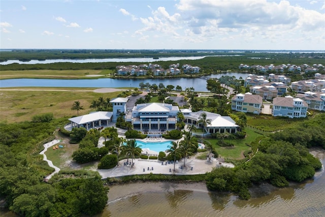 bird's eye view with a water view