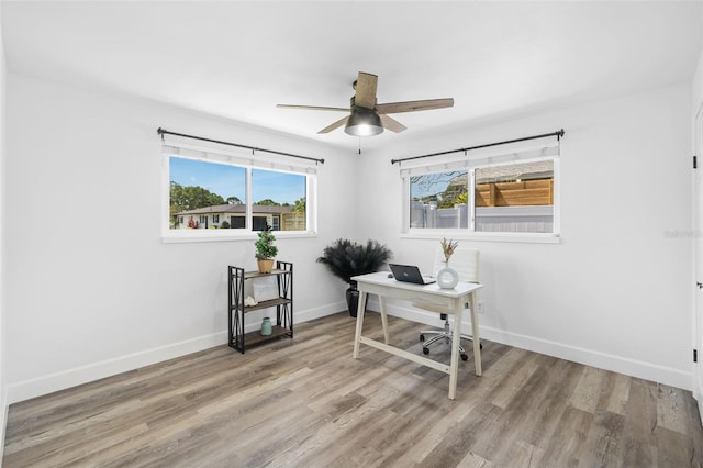 office with ceiling fan and wood-type flooring