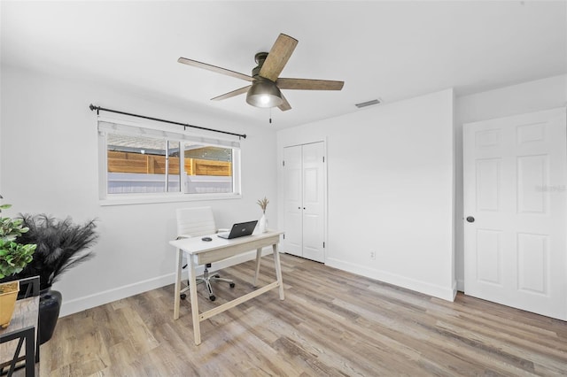 home office with ceiling fan and light hardwood / wood-style floors