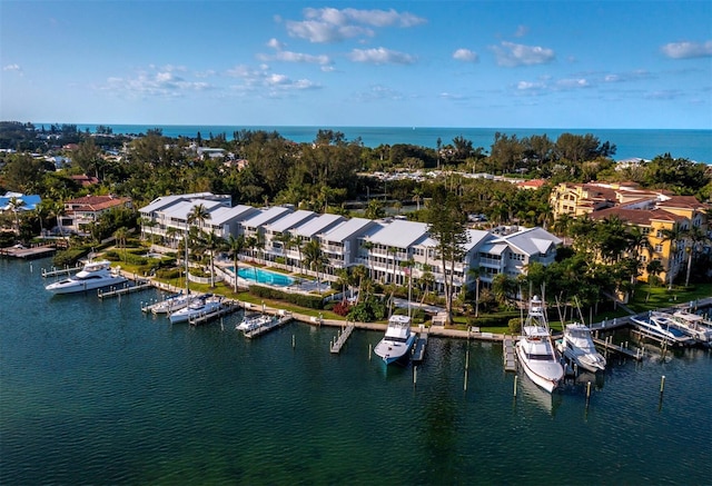 drone / aerial view featuring a water view