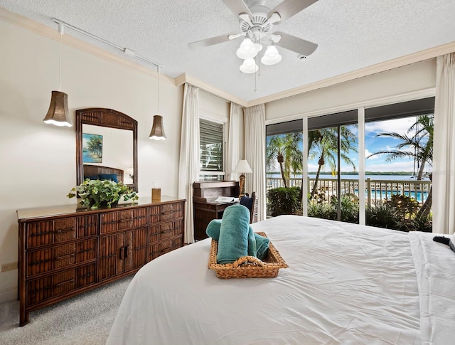 bedroom with access to outside, ceiling fan, carpet floors, and a textured ceiling