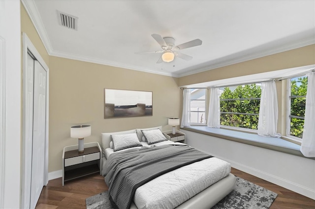 bedroom with ceiling fan, multiple windows, and dark hardwood / wood-style flooring