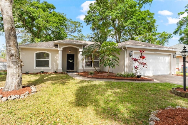 single story home with a front lawn and a garage