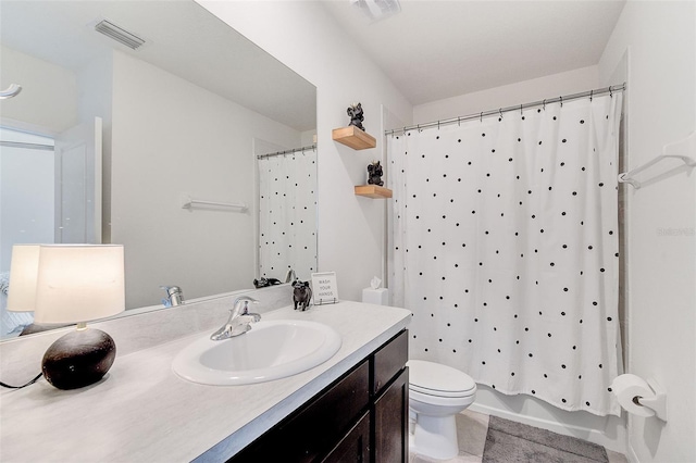 full bathroom with shower / bath combination with curtain, tile floors, toilet, and vanity