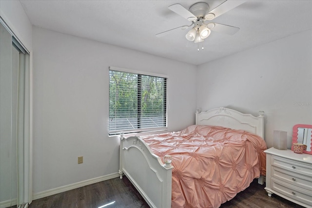 bedroom with a closet, ceiling fan, and dark wood-type flooring