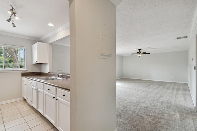 kitchen featuring ceiling fan, white cabinets, a textured ceiling, crown molding, and light colored carpet