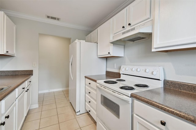 kitchen with white cabinets, ornamental molding, light tile floors, and white electric stove