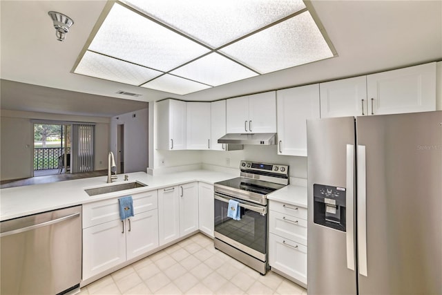 kitchen featuring white cabinets, appliances with stainless steel finishes, kitchen peninsula, and sink