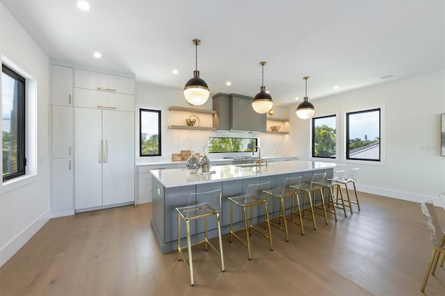 kitchen with a large island with sink, hanging light fixtures, gray cabinets, and light hardwood / wood-style floors