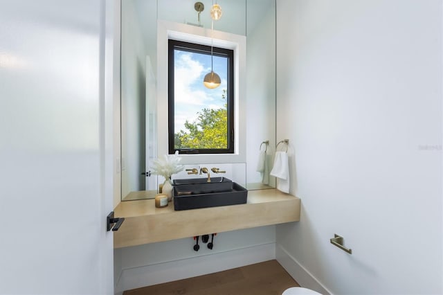 bathroom with plenty of natural light, sink, and hardwood / wood-style floors