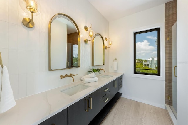 bathroom featuring hardwood / wood-style floors, walk in shower, and vanity