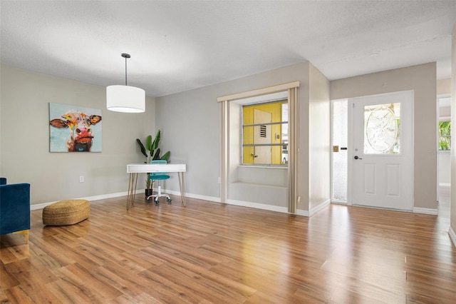 foyer featuring light hardwood / wood-style floors and a textured ceiling