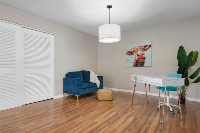 office area featuring light hardwood / wood-style floors and a textured ceiling