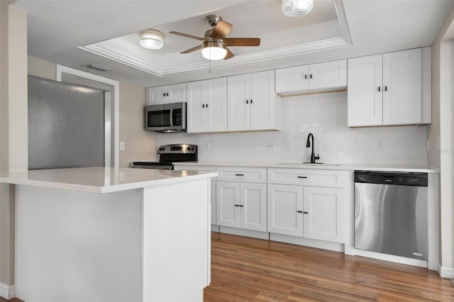 kitchen with white cabinets, appliances with stainless steel finishes, light hardwood / wood-style floors, and a tray ceiling