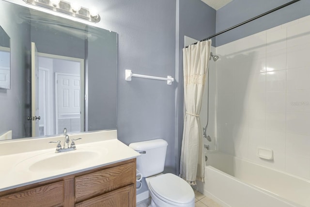 full bathroom with toilet, vanity, tile patterned floors, and shower / tub combo with curtain