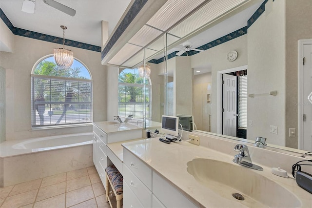 bathroom featuring tile patterned floors, plenty of natural light, vanity, and independent shower and bath