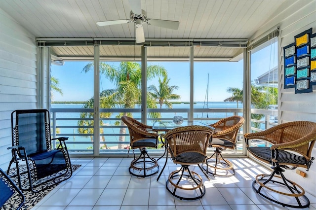 sunroom / solarium featuring a water view, wooden ceiling, and ceiling fan