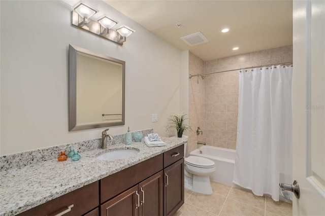 full bathroom with tile patterned flooring, vanity, toilet, and shower / tub combo with curtain