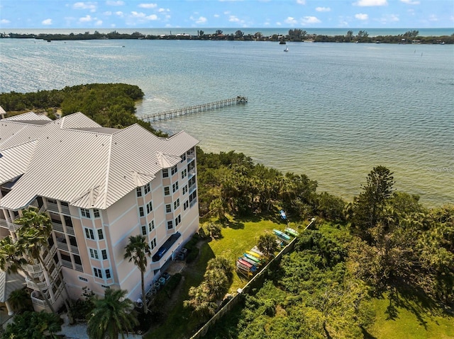 drone / aerial view with a water view