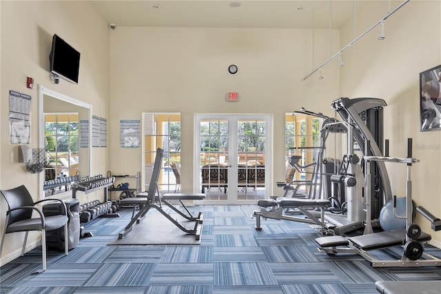 workout area featuring a high ceiling, carpet flooring, and french doors