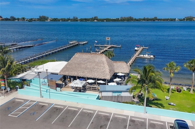 drone / aerial view with a water view