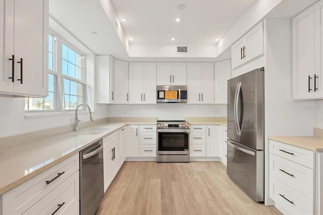 kitchen featuring a sink, visible vents, white cabinets, light wood-style floors, and appliances with stainless steel finishes