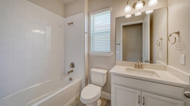 full bathroom featuring bathtub / shower combination, toilet, and vanity