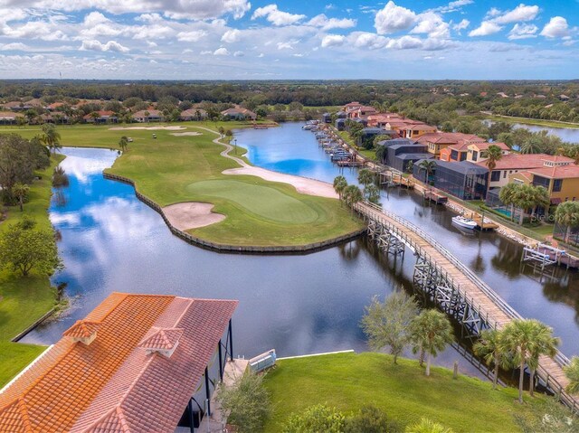 aerial view featuring a water view