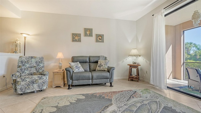 living area featuring light tile flooring