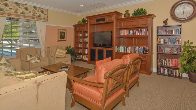 carpeted living room with ornamental molding