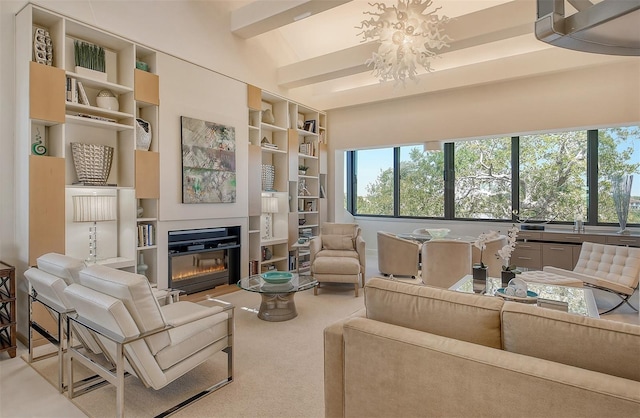 carpeted living room featuring plenty of natural light, vaulted ceiling with beams, and a chandelier