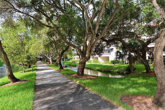 view of property's community with a water view and a yard