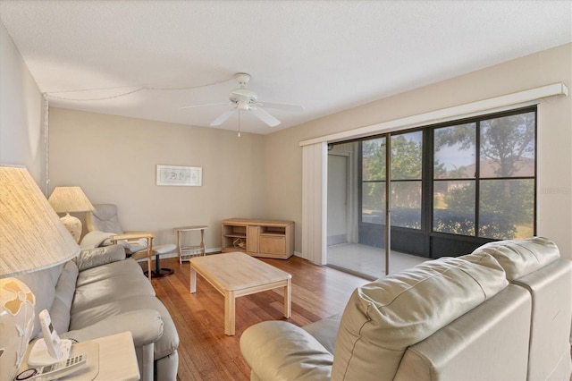 living room featuring ceiling fan and hardwood / wood-style floors