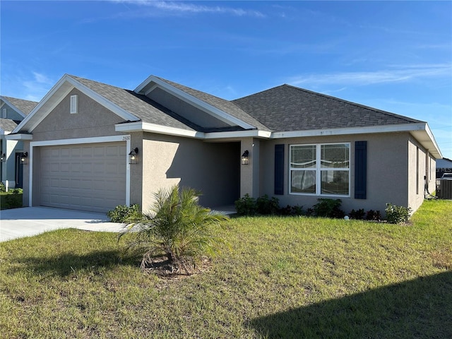 single story home featuring a front lawn, an attached garage, and stucco siding