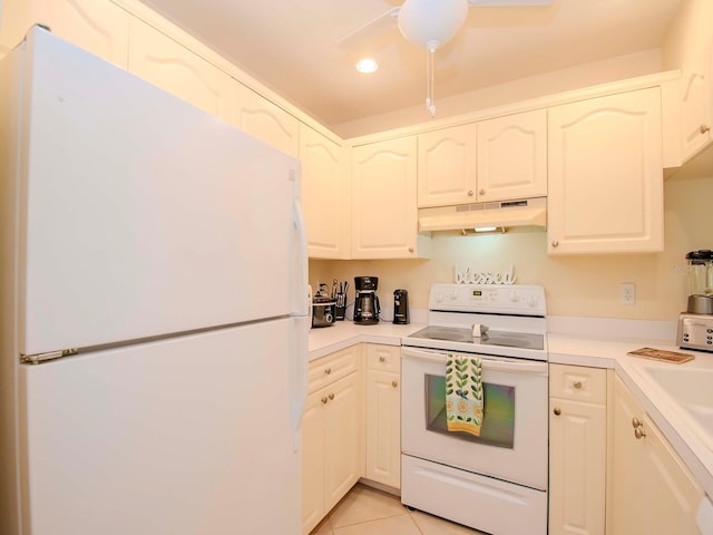 kitchen featuring white cabinets, white appliances, ceiling fan, and light tile flooring