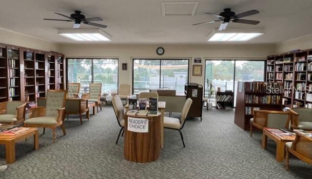 living area with ceiling fan, carpet, and plenty of natural light